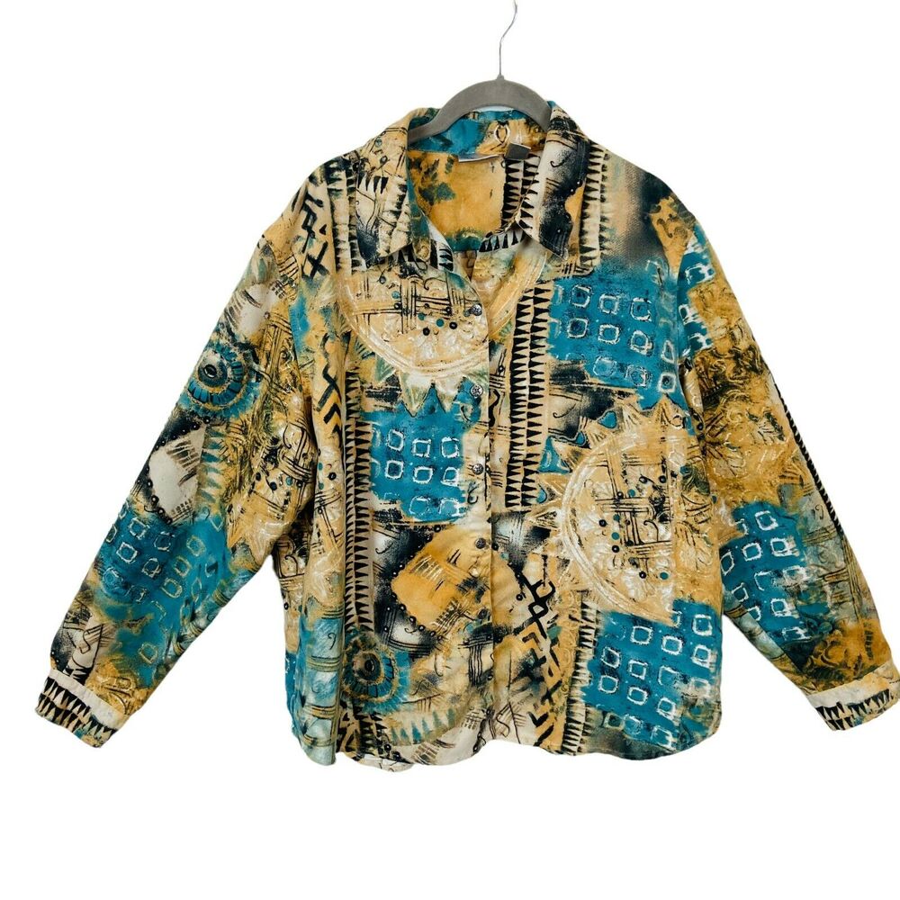 Chico's Southwestern Button Up Top XL Womens Multicolor Faux Suede Collared